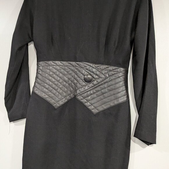 Caroma Andree Devlin Pure Virgin Wool Dress with Leather Trim Black Size 6 - Picture 2 of 3
